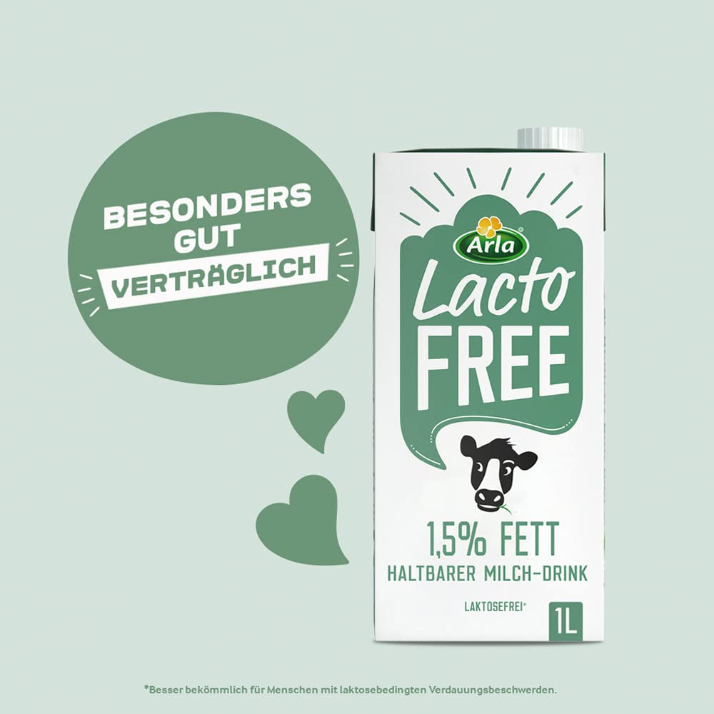 Arla LactoFREE Laktosefreie Haltbare Milch 1,5% Fett | 10 x 1L | echter Milchgeschmack, weniger süß | reich an Kalzium und Vitamin B12