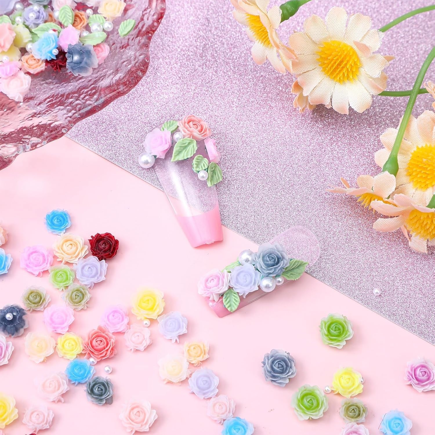 300 Stück Niedlich Blume Nail Charms, 3D Harz Floral Kamelie Rose Nägel Charms Mit Perle, Gemischt Größe Bunte Flower Nägel Deko Für Frauen Nail Art Zubehör