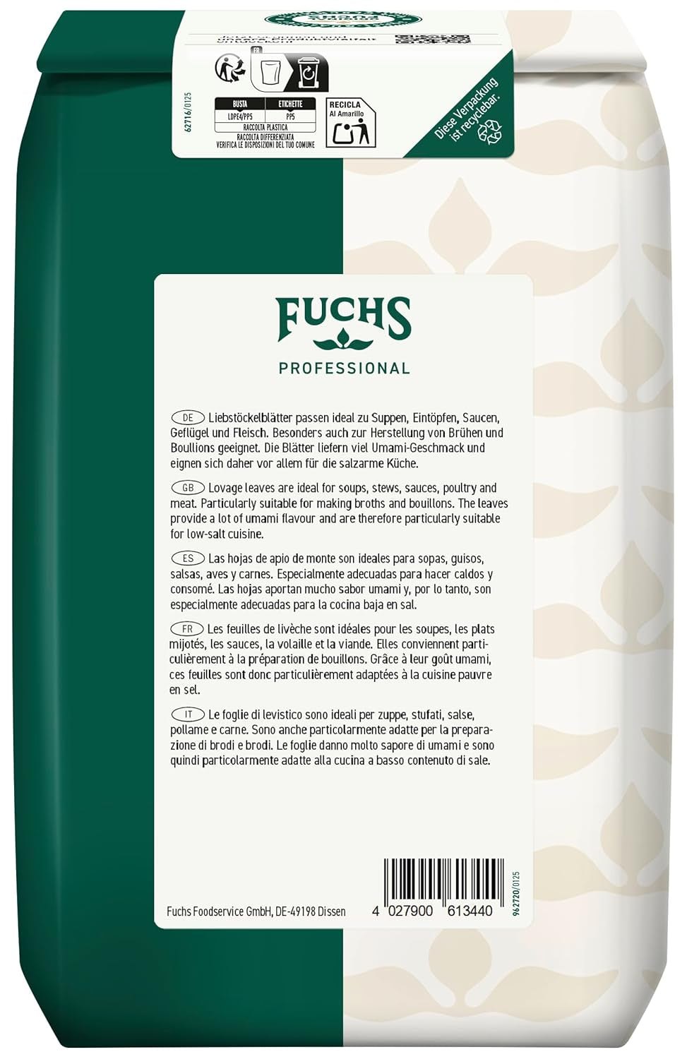 - Liebstockblätter gerebelt | Für salzarme Küche geeignet, passt zu Eintöpfen oder Salaten | Profi-Qualität für Großverbraucher | 0,25 kg im recyclebaren Beutel