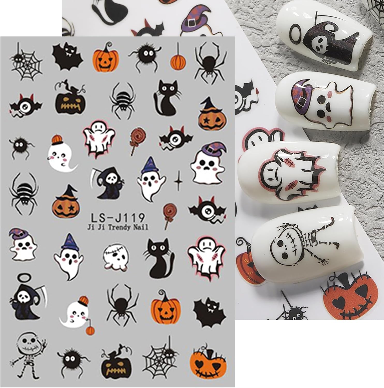 JMEOWIO Nagelsticker Halloween Süßer Geist 9 Blatt Nail Art Sticker Selbstklebend Nagelaufkleber Dekoration Nageldesign Zubehör