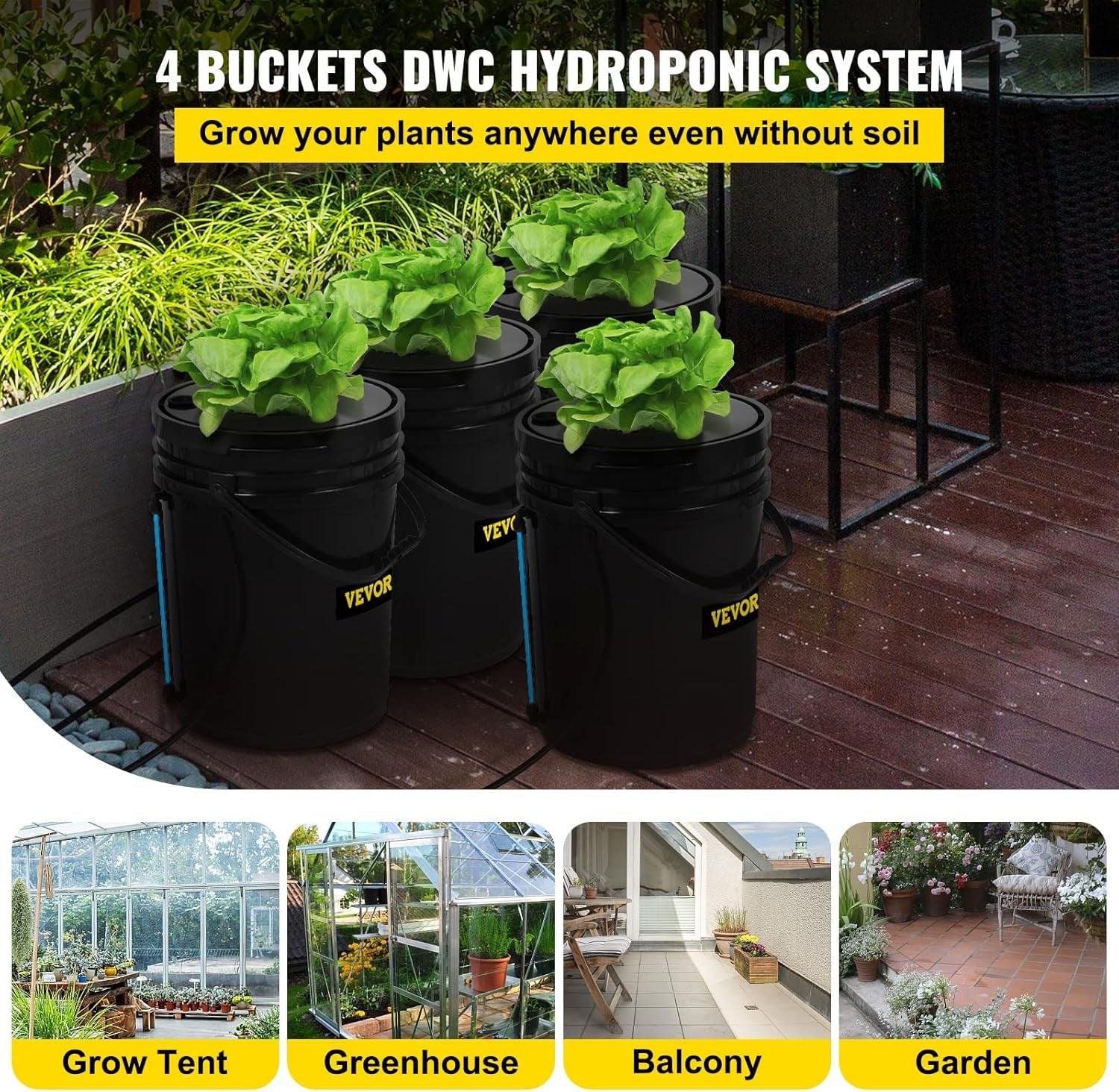 Sistem de creștere hidroponică VEVOR DWC, Sisteme de creștere hidroponică, Cultivare în apă adâncă 4 găleți de 20 de litri, Sistem DWC cu pompă de aer, pietre de aer și indicator al nivelului apei pentru legume cu frunze