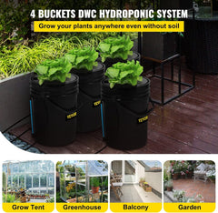 Sistem de creștere hidroponică VEVOR DWC, Sisteme de creștere hidroponică, Cultivare în apă adâncă 4 găleți de 20 de litri, Sistem DWC cu pompă de aer, pietre de aer și indicator al nivelului apei pentru legume cu frunze