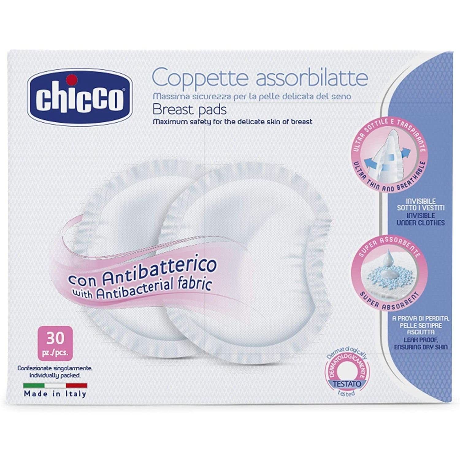 Chicco Schutzeinlagen für Brustwarzen, antibakteriell, 4 Wochen, 120 Stück Zubehör Essen und Stillen Bebe Naty Shop