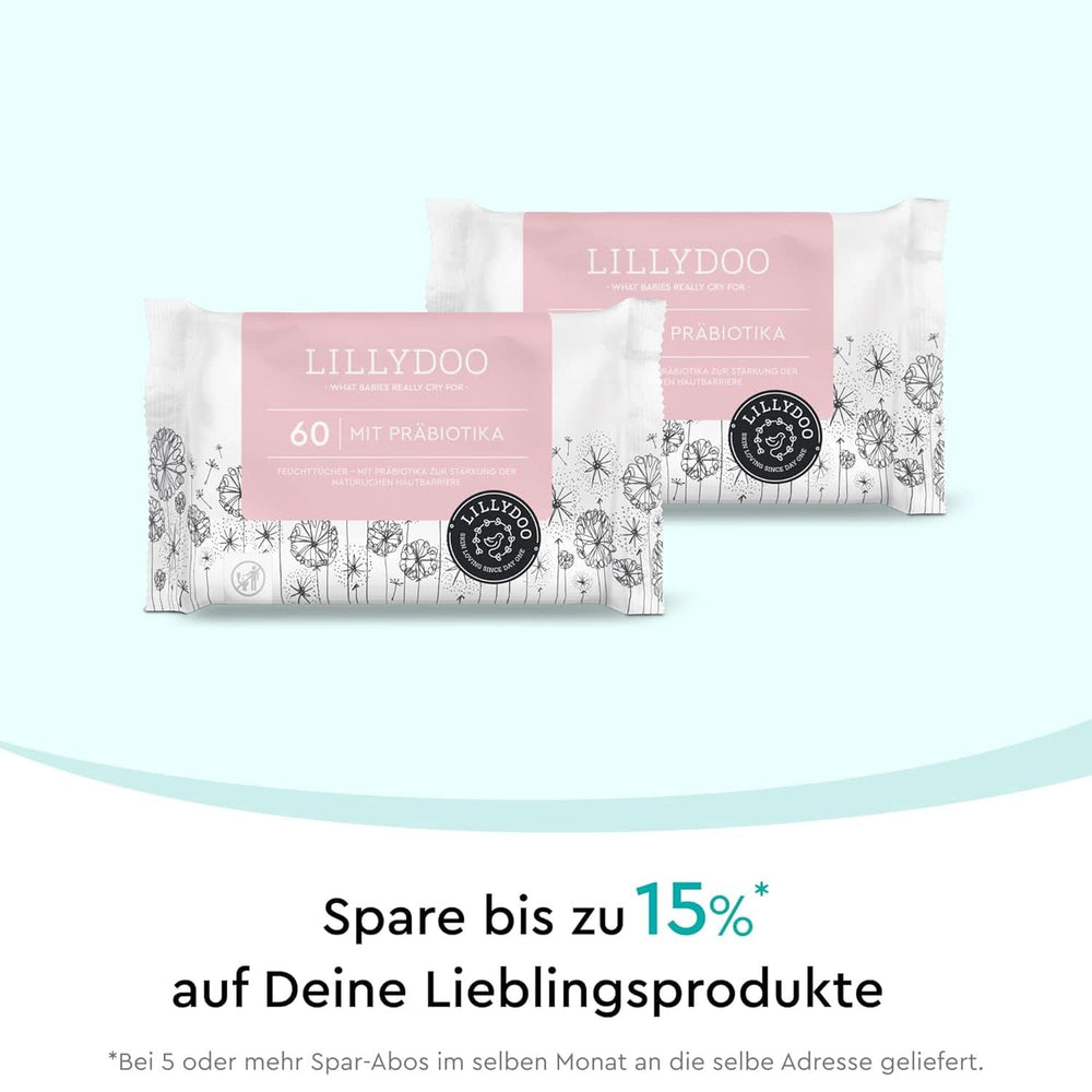 LILLYDOO Feuchttücher mit Präbiotika, 100 % plastikfreie, parfümfreie Tücher (FSC Mix) Baby-Feuchttücher Naty Shop