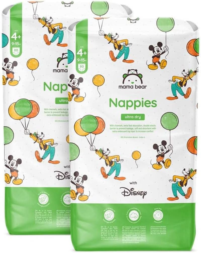 Mama Bear Disney Ultra Dry Windeln, Größe 4 (8–14 kg), Weiß, 84 Stück (1 Packung). Naty Shop Größe 4+ (9–15 kg), Monatspackung