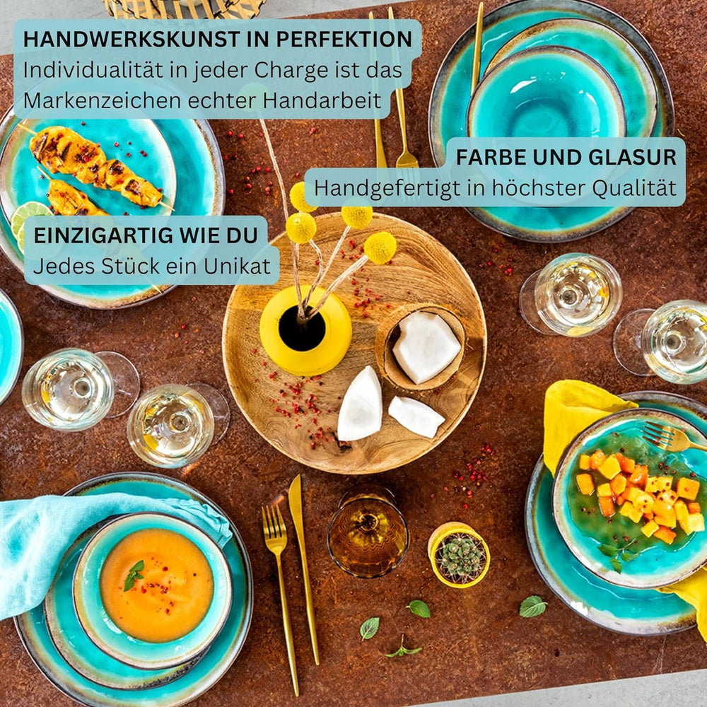SÄNGER | Set de veselă Capri cu 12 piese, set de farfurii pentru 4 persoane, veselă din gresie, inclusiv farfurii de cină, farfurii de desert și farfurii de sumă, serviciu de cină turcoaz lucrat manual cu margine gri | COLECȚIA PREMIUM