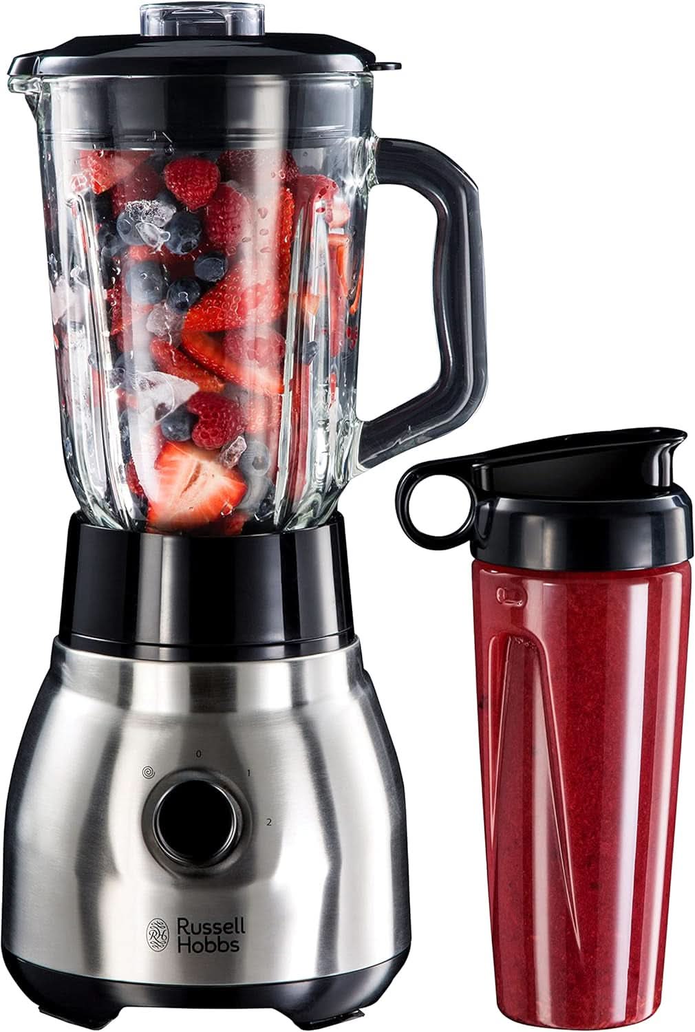 Russell Hobbs Standmixer 2-in-1 [1,5L Glasbehälter Mixer & 0,6L Mini Smoothie Maker -To-Go-Trinkflasche inkl. Deckel] Spülmaschinenfest, Impuls-/Ice-Crush-Funktion, Becher BPA Frei, Edelstahl 23821-56 Kitchen Naty Shop