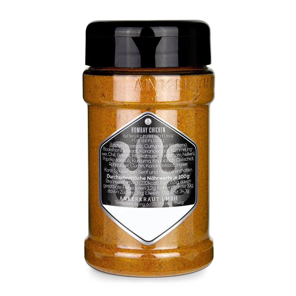 Ankerkraut Bombay Chicken, indischer BBQ-Rub für Hähnchen und Chicken-Wings, 230g Streuer