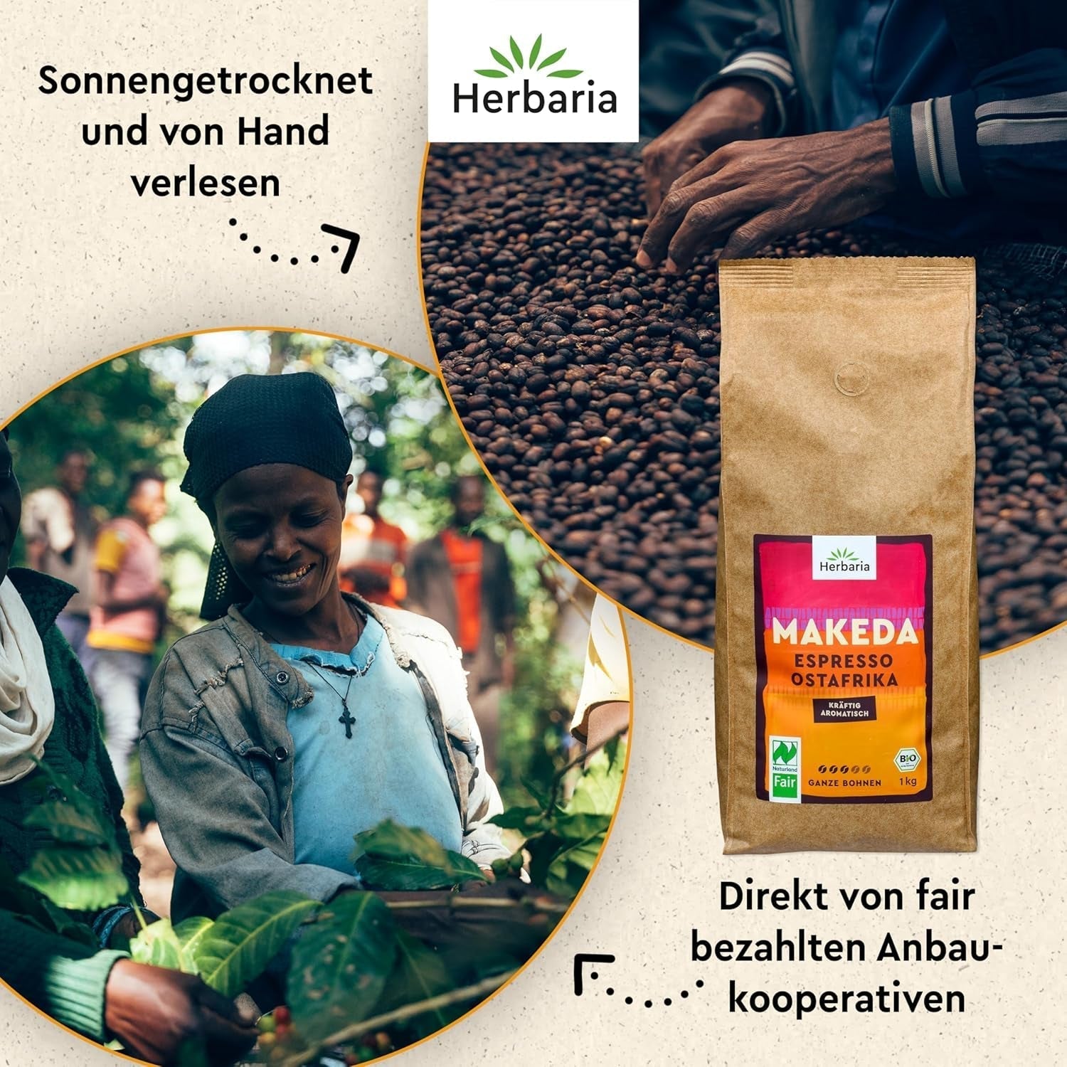 Herbaria MAKEDA Bio-Espresso ganze Bohnen 1 kg – Naturland Fair zertifiziert aus Ostafrika – Röstaromen mit Kakao und Noten von Eichenholz – Bio-Kaffeebohnen perfekt für tragbare Filter und Kaffeevollautomaten Cafea Naty Shop