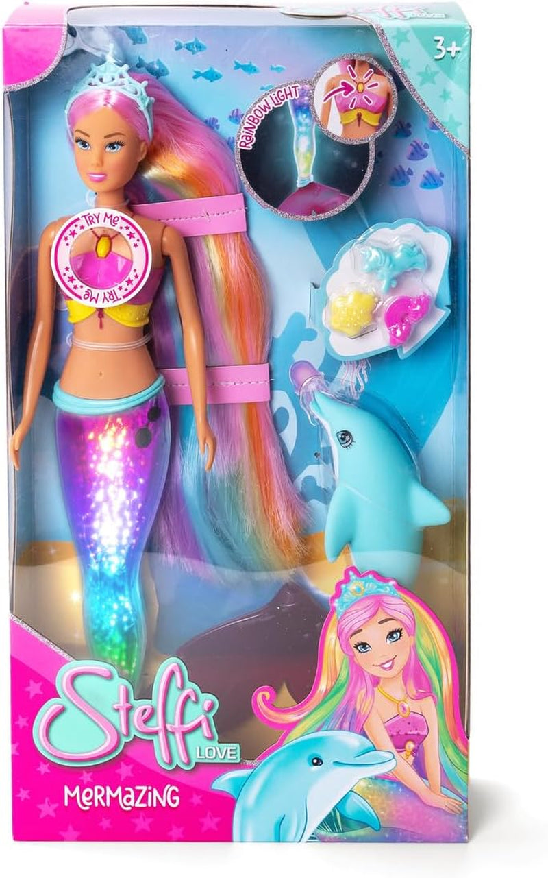 Simba Steffi Love Mermaizing – Păpușă sirenă cu funcție de lumină curcubeu, păr extra lung, figurină delfin și agrafe de păr, 39 cm înălțime, funcție Try-Me, vârste 3+