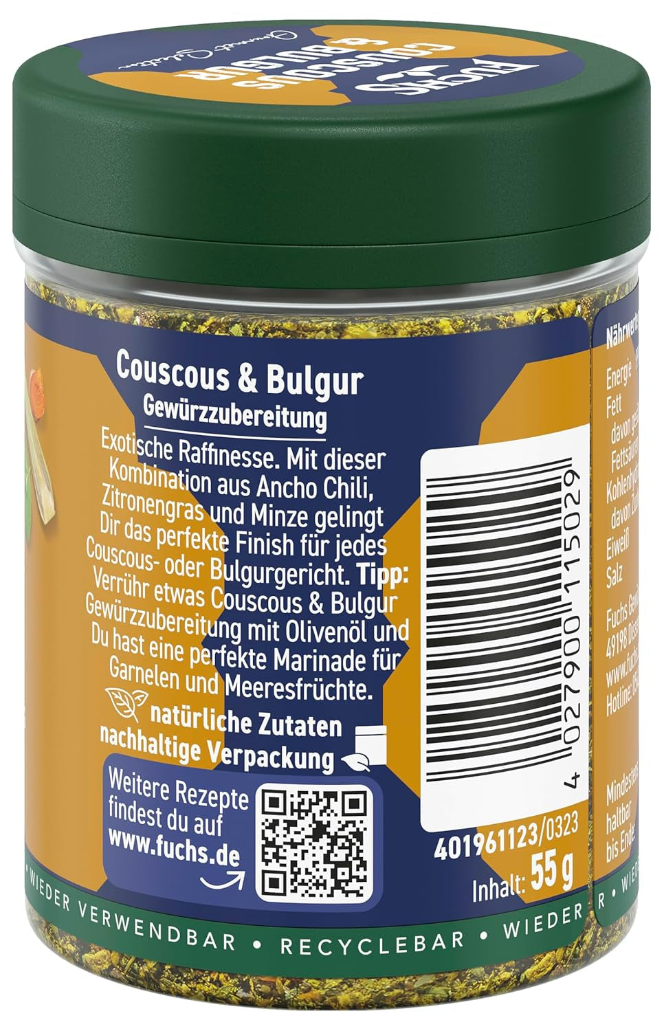 Fuchs Spices Gourmet Selection Naher Osten/Afrika – Couscous- und Bulgur-Gewürzmischung, nachfüllbare Gewürzmischung zum Würzen von Bulgur-Gerichten, vegan, 55 g