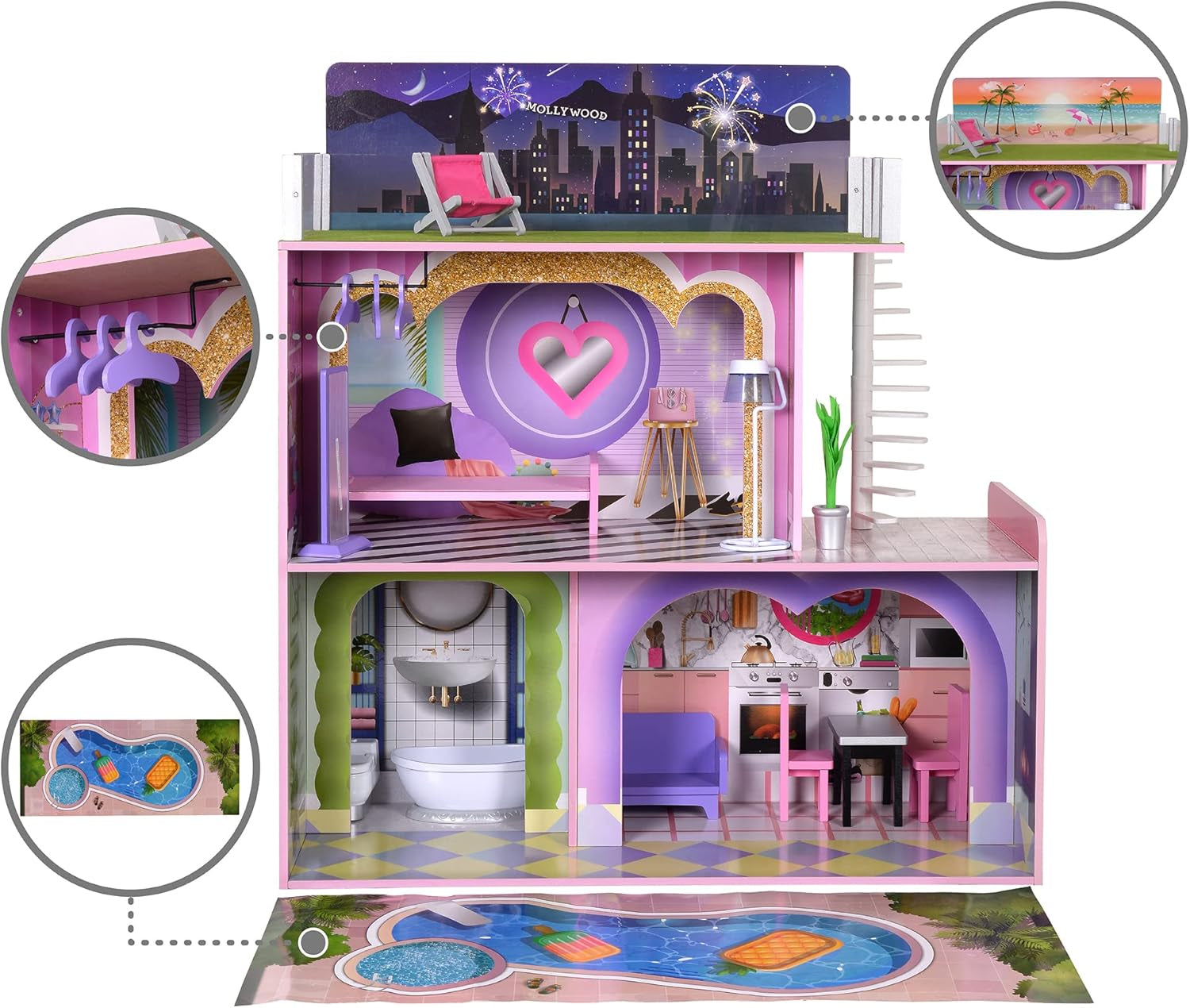 Olivia's Little World Big Dreamland Sunset Contemporary, Casă de păpuși interactivă din lemn pentru copii, 3 etaje, cu 16 accesorii pentru mobilier de păpuși, multicoloră, TD-13616A