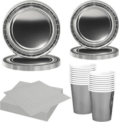 Set de tacâmuri din hârtie argintie, format din 68 de piese, farfurii de hârtie argintii, pahare de hârtie, șervețele, tacâmuri decorative pentru petreceri, zile de naștere, nunți, Revelion, absolviri, articole pentru petreceri