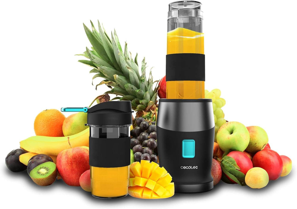 Cecotec Tragbarer Einzelstandmixer Power Titanium 300 Easygo. 350W, Zerkleinert Eis, 4 Klingen Mit Schwarzer Titanbeschichtung, Inklusive 2 Kühlröhren, 2 Tragbaren Bechern Und 2 Deckeln Mother and Child Naty Shop Schwarz 500 W | 2 Sportbecher