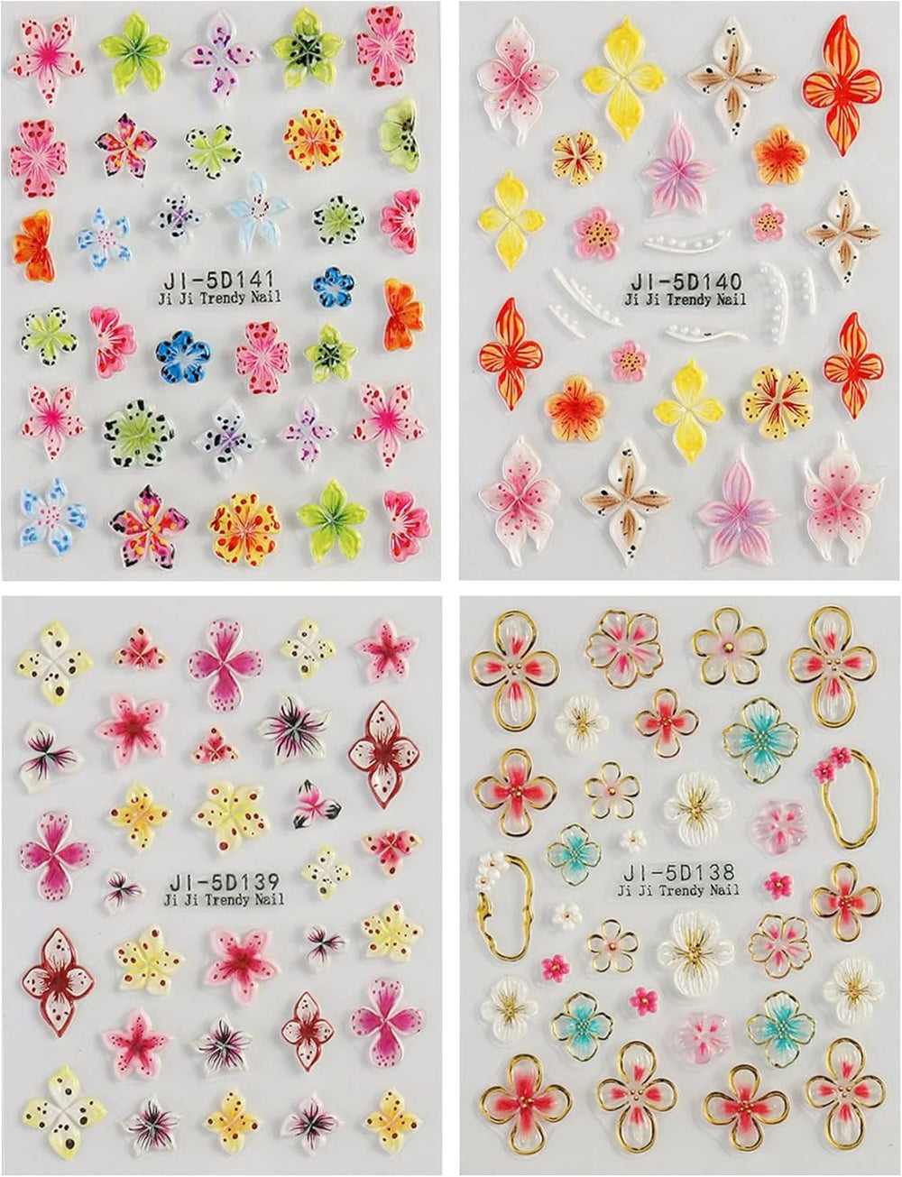 JMEOWIO 3D Nagelsticker Colorful Flower Nail Art Sticker Selbstklebend Nagelaufkleber 5D Stereoskopisch Spring Summer Floral Dekoration Nageldesign Zubehör 4 Blatt