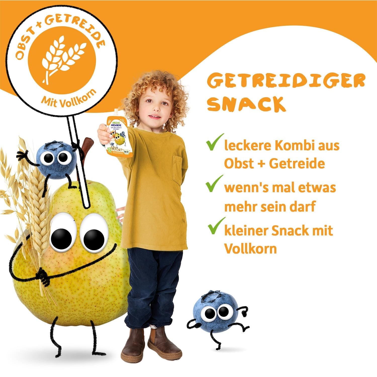 FRECHE FREUNDE Pungă de fructe organică, stoarcabilă, cu mere, pară cu scorțișoară, orez și speltă, piure de fructe cu cereale pentru bebeluși de la 6 luni, vegan, pachet de 6 (6 x 100g)