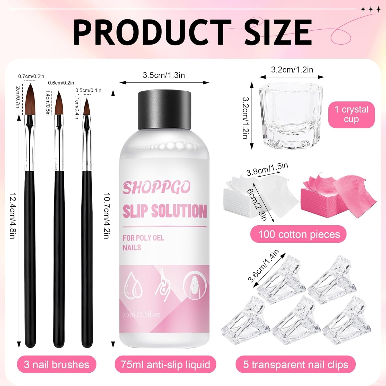 Soluție de unghii Polygel, Kit pentru unghii Poly Gel Slip Solution, Soluții lichide pentru unghii Polygel 75 ml, 5 cleme pentru vârfuri de unghii, 3 perii de unghii, 1 cupă de cristal, 100 foi de curățare