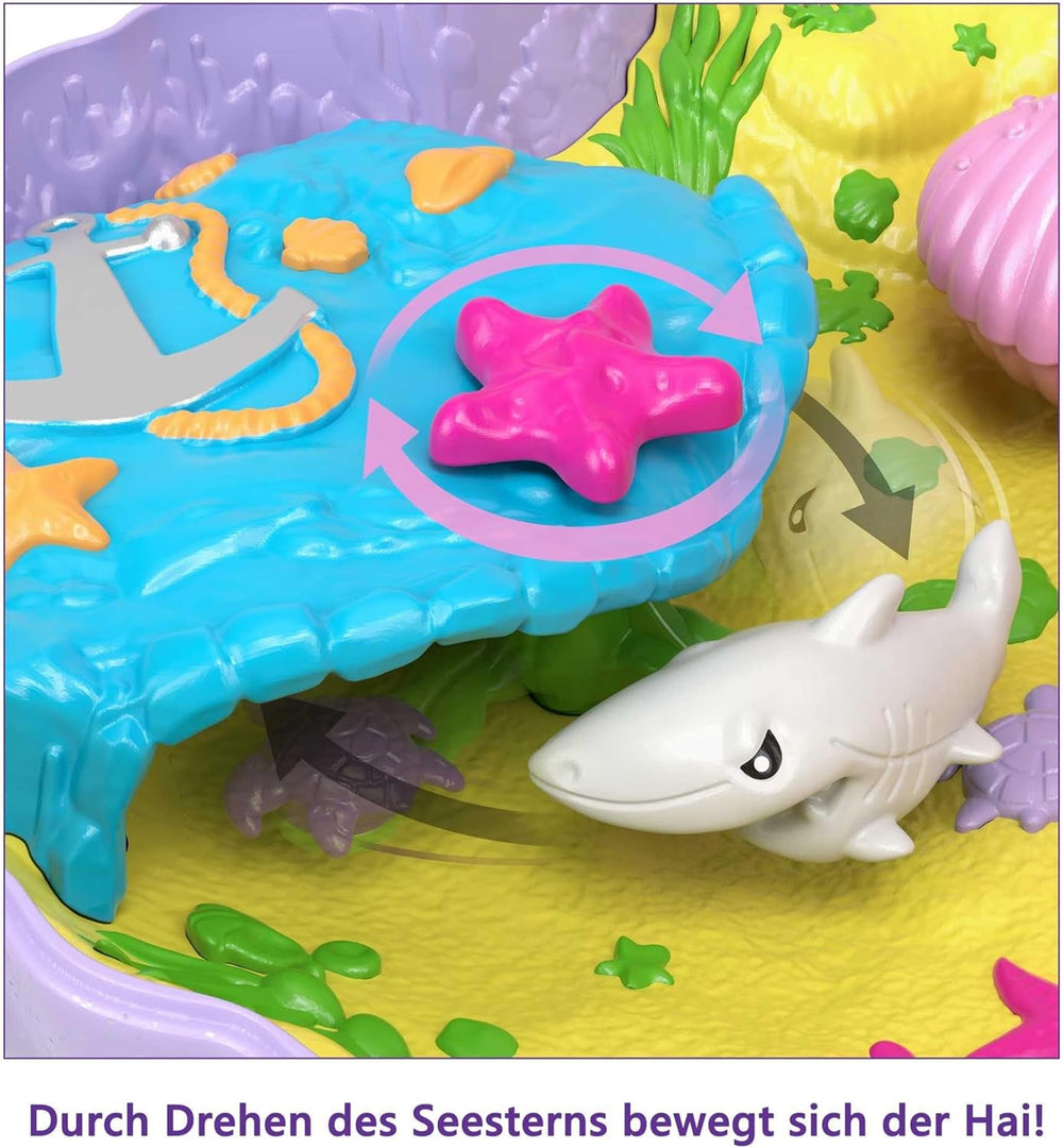 Cutie de depozitare Polly Pocket, geantă cu scoici și temă subacvatică, cu 2 păpuși și 1 submarin, jucărie sirenă Polly Pocket, jucărie pentru vârste de 4 ani și peste, GNH11