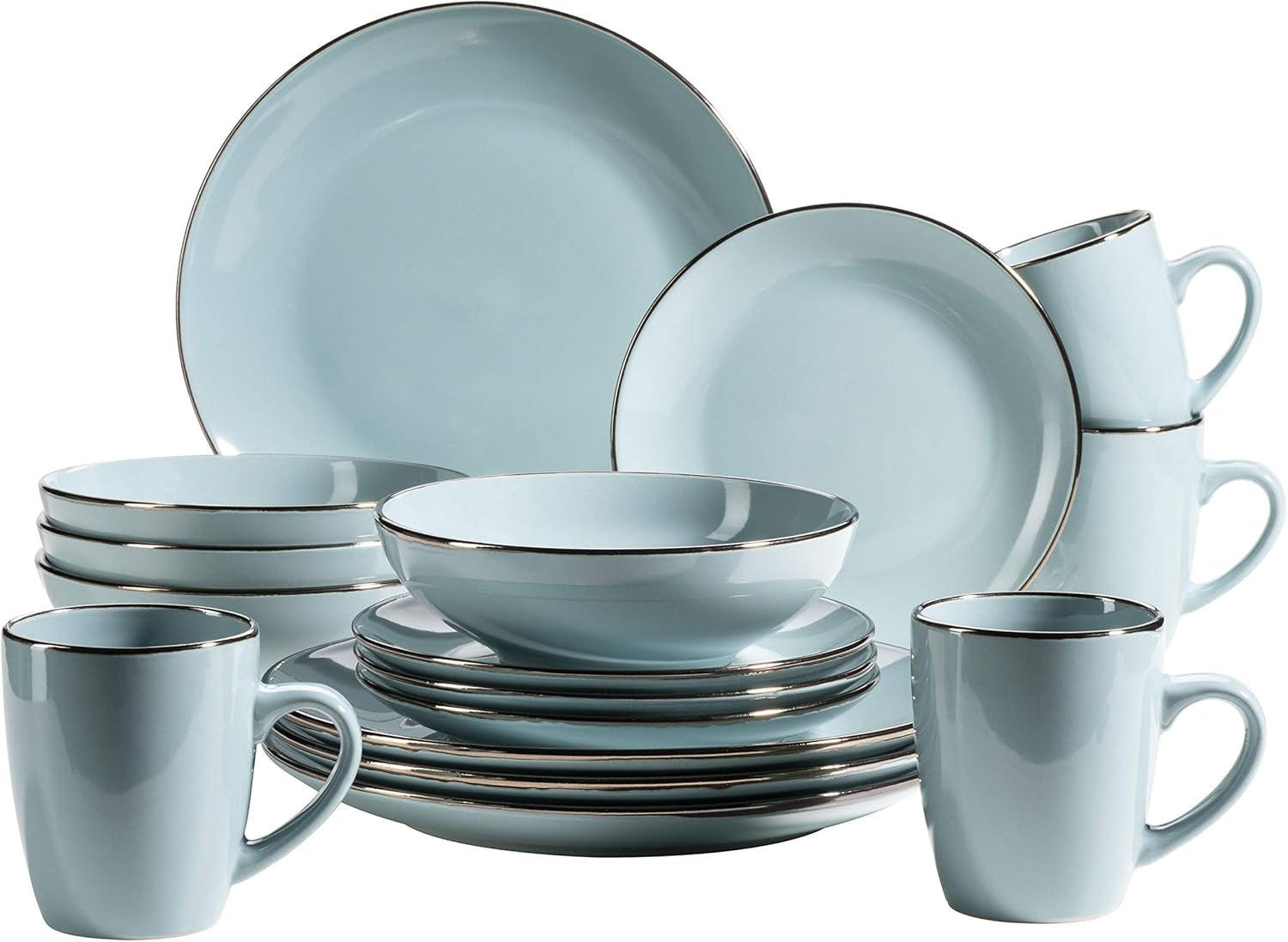 MÄSER Metallic Rim, Modernes Geschirr Set Für 4 Personen Mit Messingfarbenem Rand, 16-Teiliges Kombiservice Mit Randlosen Coupe-Formen, Steinzeug, Grau Tableware Sets Naty Shop Hellblau 16-Teilige