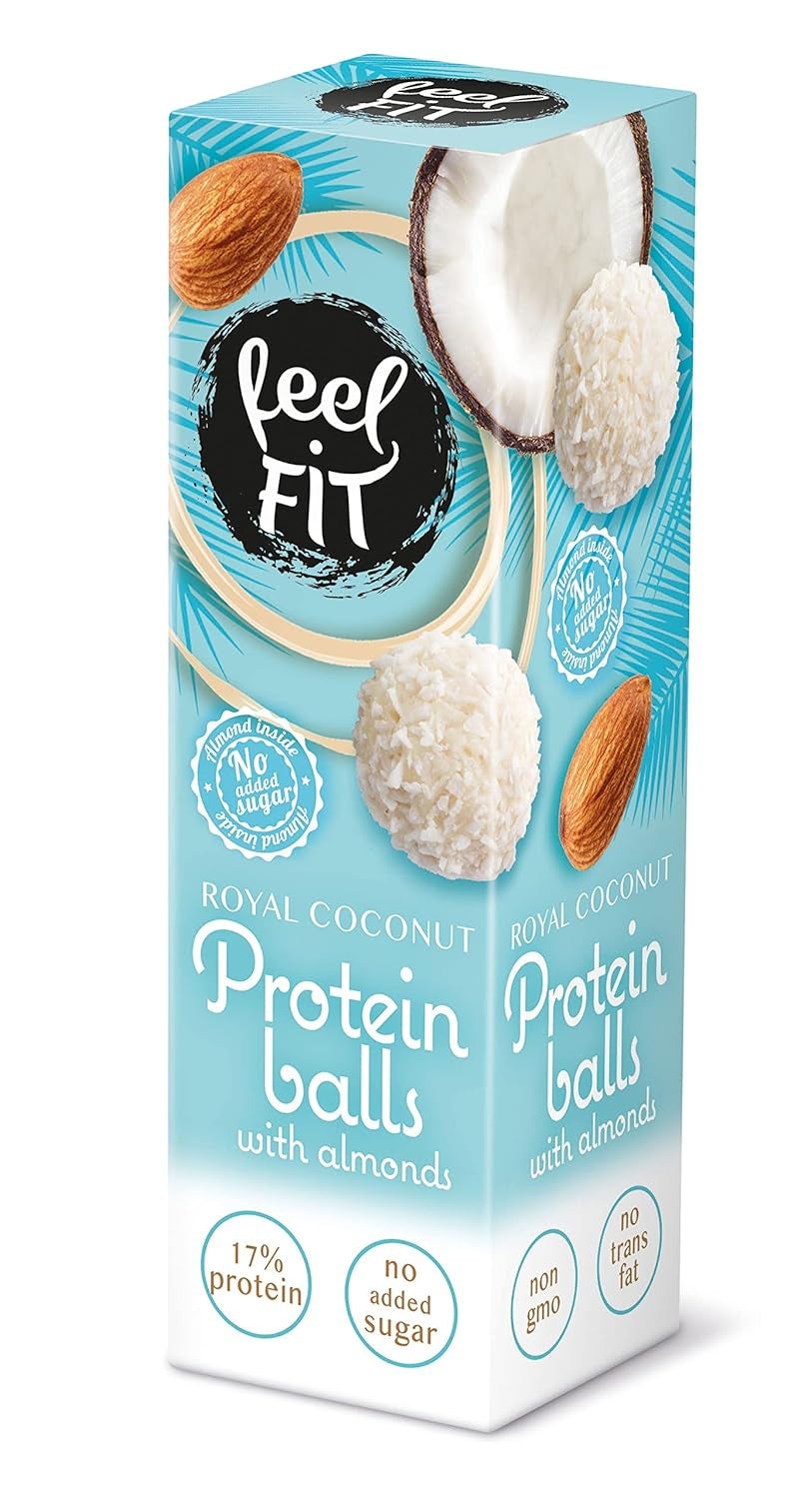 Praline de cocos fără zahăr cu migdale, feel FIT, fără zahăr adăugat, 17% proteine, 63 g