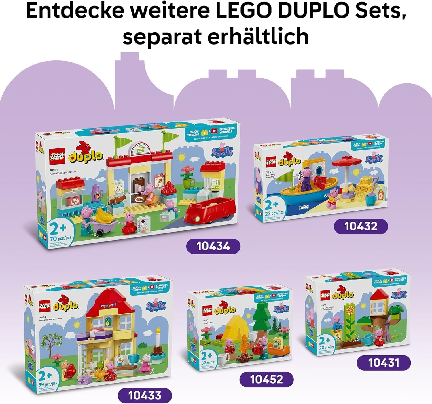 LEGO DUPLO Peppa Wutz Jahrmarkt - Montessori Spielzeug - Motorikspielzeug für Kinder ab 2 Jahren - Vorschule Spiele mit Riesenrad, Rutsche & 3 Figuren inkl. Mollie Mieze & Klausi Kläff 10453