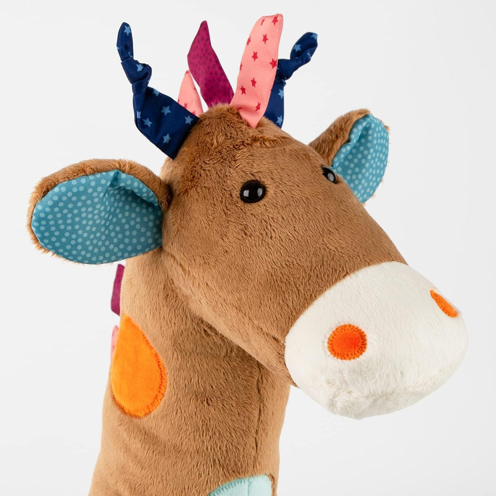 SIGIKID 42863 Jucărie pentru bebeluși girafă XXL, jucărie educativă PlayQ, jucărie de pluș cu inel de dentiție, zornăitor, oglindă, scârțâitor, pentru bebeluși și copii de la 3 luni, multicoloră/girafă 72 cm Jucarii Bebe Naty Shop