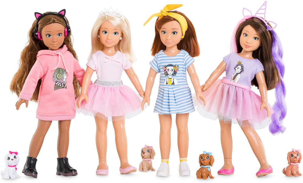 Corolle 9000600030 - Girls Luna Einhorn Set, Ankleidepuppe im Sommeroutfit mit Hund, mit Haarband, Ohrringe und extra Gummistiefel, 28cm Spielpuppe mit Vanilleduft, ab 4 Jahren