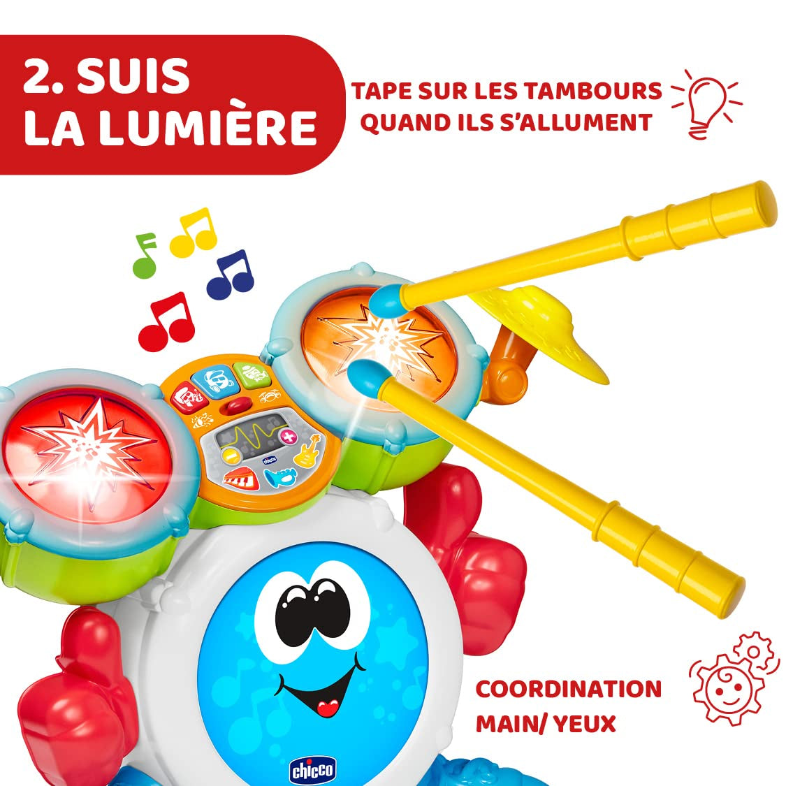 Chicco 00009820100000 Mi First set de tobe cu lumini și sunete, 3 moduri de redare instrument muzical cu baterie pentru copii, multicolor, Mare Jucarii Bebe Naty Shop