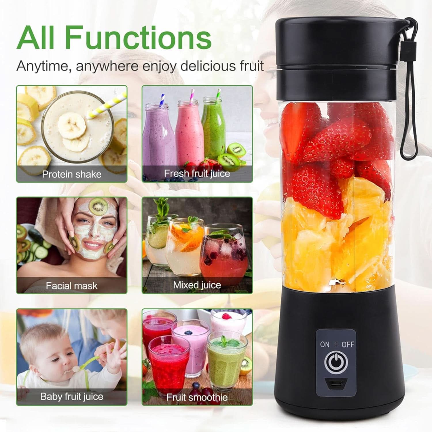 Mixer Smoothie Maker Tragbarer Entsafter: 380Ml Standmixer Persönlicher Shaker Proteinshake Mit 6 Edelstahlmesser Tragbar-Bpa-Freie Mit Usb-Mixbecher Für Shakes,Saftoutdoor,Schwarz Bucatarie Naty Shop