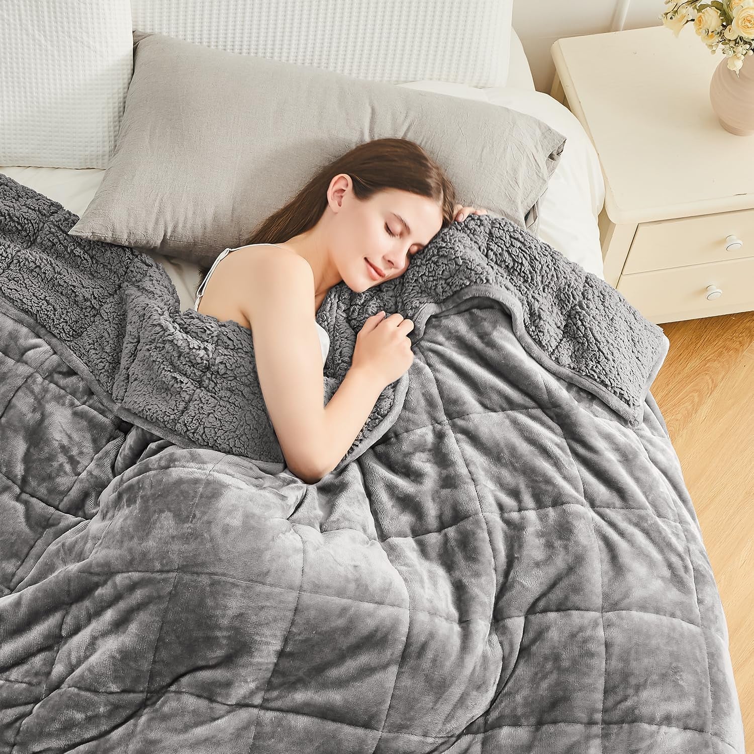 Pătură cu greutate Cottonblue, 6,8 kg, dimensiunea reginei, flanel, Shaggy, Sherpa, pătură cu greutate pentru adulți, pături cu greutate confortabile pentru a calma și relaxa, plapume grele, 152.4 X 203.2 Plapumi si pilote Naty Shop