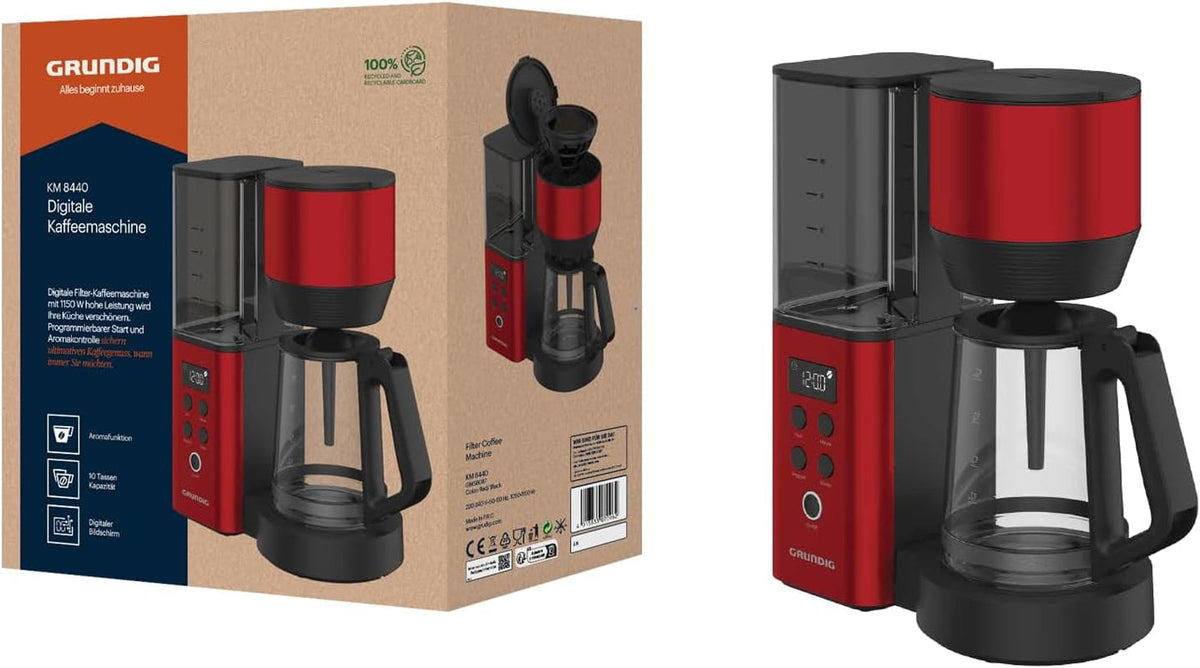 Espressor digital cu filtru GRUNDIG KM8440, roșu, 1000 W, 1,25 litri