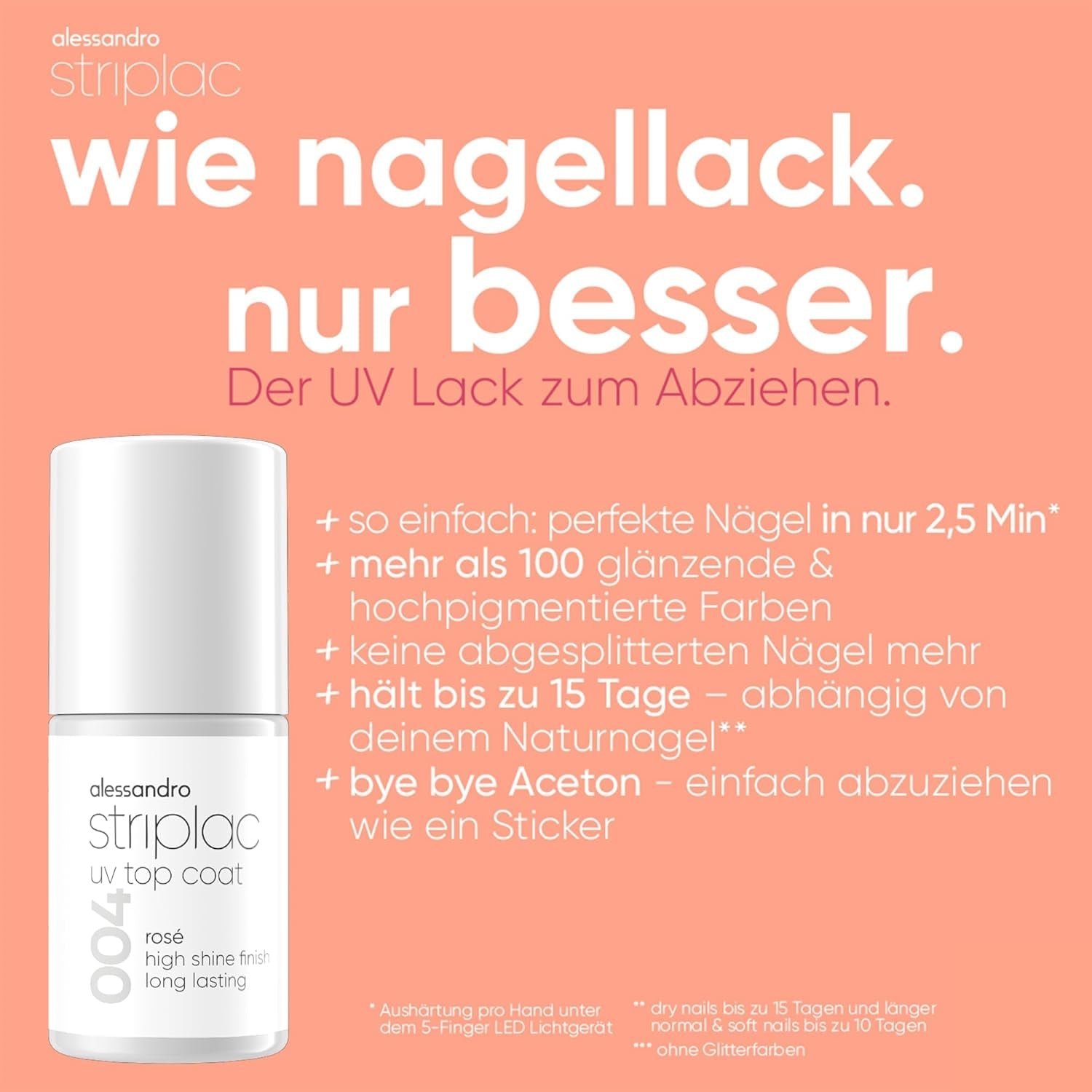 alessandro Striplac UV Top Coat Rosé - Unghii strălucitoare, rezistente la zgârieturi, până la 15 zile - Poate fi folosit cu sau fără culoare - Tehnologie delicată de îndepărtare - Vegan - Roz, Transparent, 6,5 ml