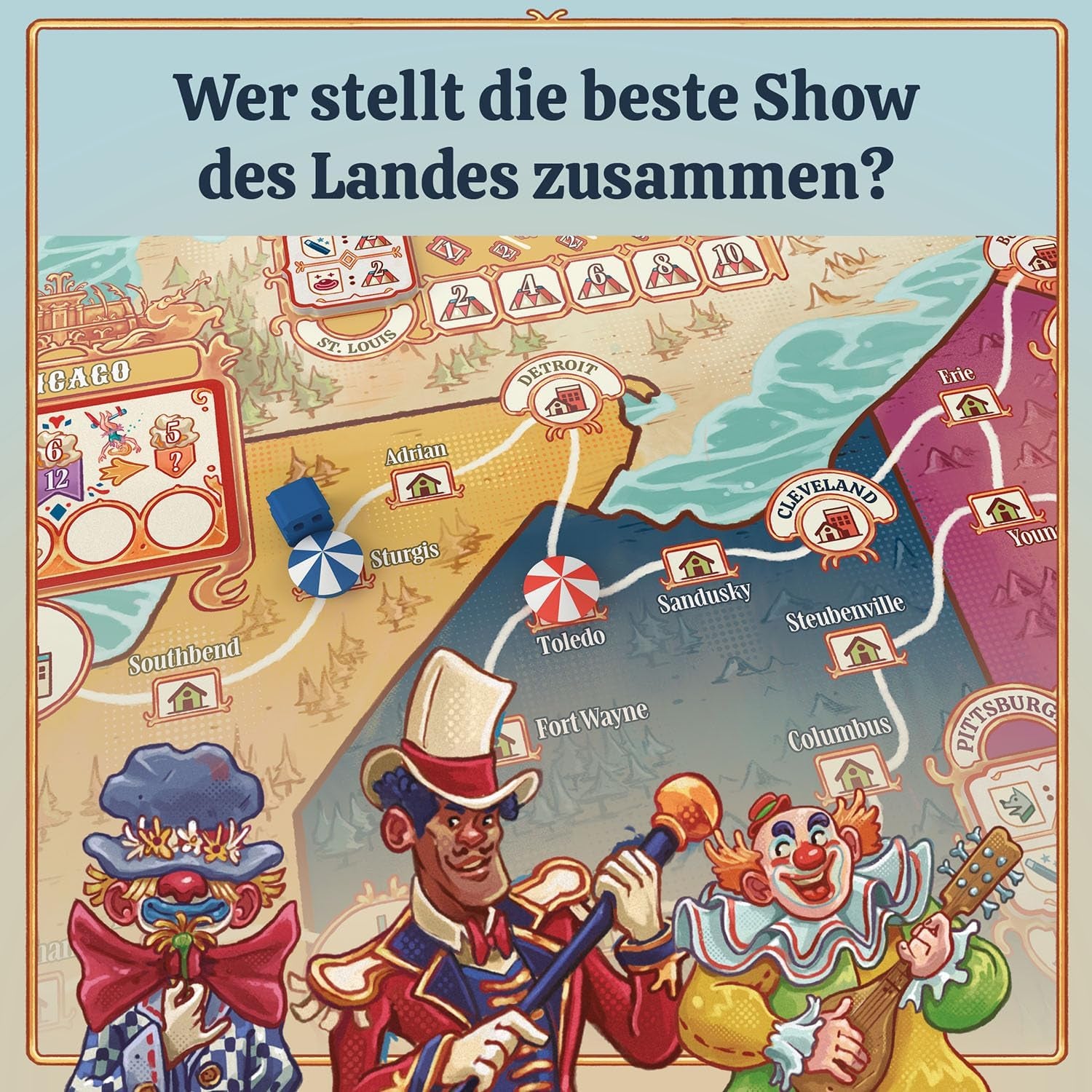 KOSMOS 684648 3-Ring Circus Erwachsenen-Brettspiel, 12+, Strategiespiel, 1–4 Spieler, Gesellschaftsspiel, USA, reisender Zirkus, spätes 19. Jahrhundert