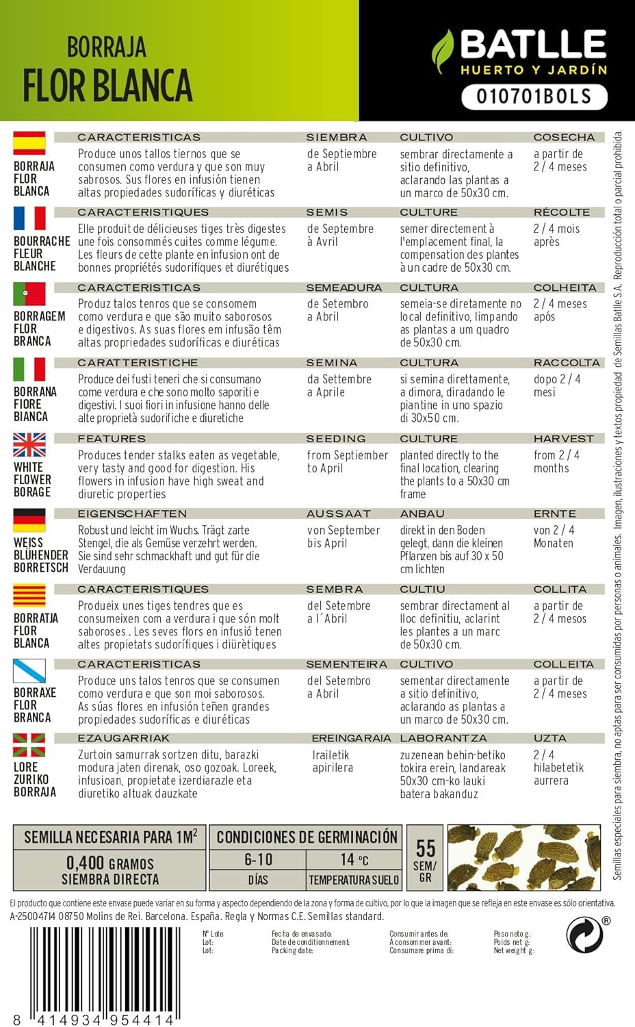 Batlle Gemüsesamen - Borretsch-Gurkenkraut Weissblühend (275 Samen)