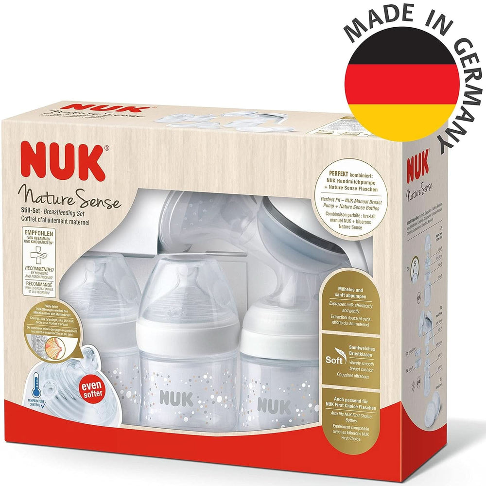 NUK Nature Sense Handmilchpumpe | Stillset mit manueller Milchpumpe, Flaschen und Stilleinlagen Ultra Dry Comfort | 6 Stück Babynahrung und Stillzubehör Naty Shop