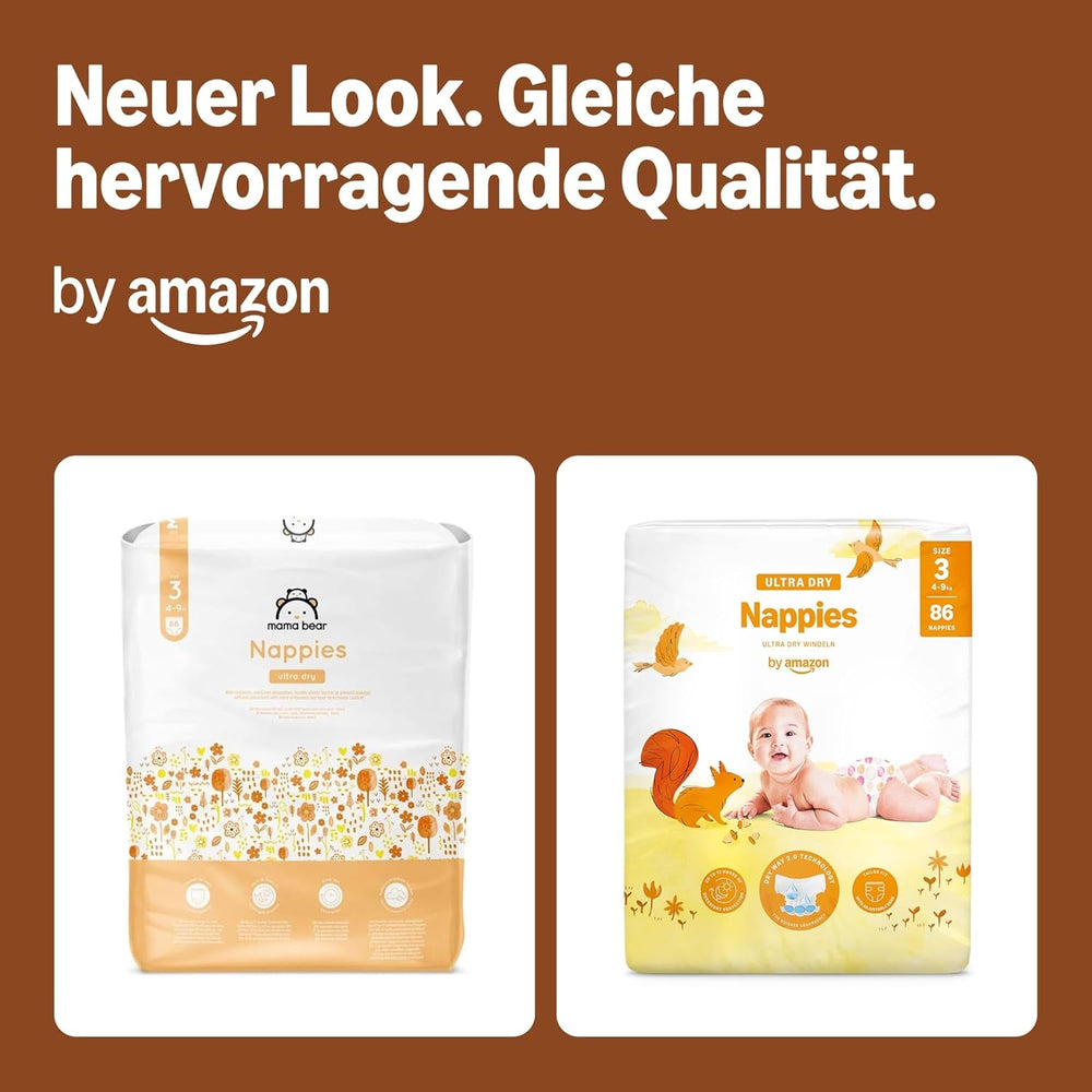 Scutece Ultra Dry de la Amazon, mărimea 3 (4-9 kg) - Cutie lunară, alb, 172 bucăți (2 pachete a câte 86) (Anterior sub marca Mama Bear, produs identic)