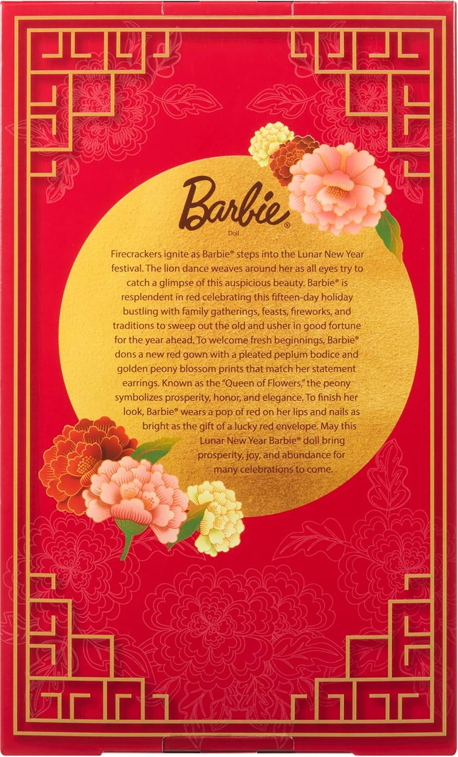 Barbie Signature Lunar New Year Modepuppe in rotem Kleid mit goldenem Pfingstrosenmuster, Spielzeug zum Sammeln, JJX83