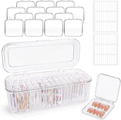 Set de cutii pentru depozitarea unghiilor INMORVEN – 14 cutii transparente pentru unghii + 1 cutie mare și 60 de discuri adezive – Ideal pentru depozitarea unghiilor false, accesoriilor pentru unghii cu gel și ojei (14 bucăți într-un singur strat)