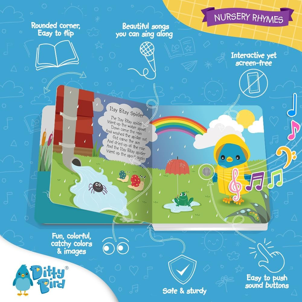 Ditty Bird Baby Nursery Rhymes - Jucărie pentru copii cu 6 butoane sonore pentru învățarea limbii engleze. Carte de cântece interactivă cu cântecele preferate. Perfectă pentru copiii bilingvi de la vârsta de 1 an. Jucarii Bebe Naty Shop