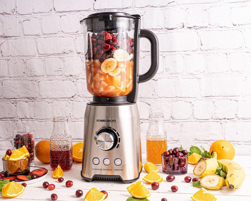 ROMMELSBACHER Standmixer MX 1250-22.000 U/Min, Stufenlose Drehzahlregulierung, Funktionstasten (Smoothie, Clean/Pulse, Ice Crush), Glaskrug, Edelstahlgehäuse, Spezialmesser, 1200 Watt Kitchen Naty Shop