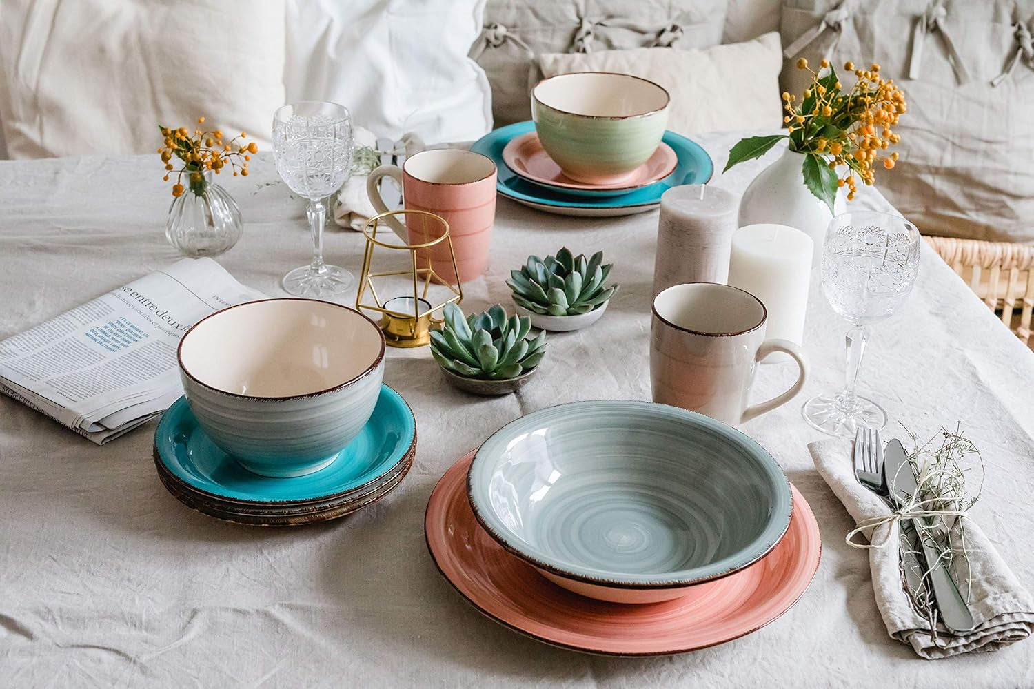 MÄSER Tellerset für 6 Personen im modernen Vintage-Look, 12-teiliges Tafelservice, handbemalt, grün, Steinzeug, olivgrün (Bel Tempo II) Geschirrsets Naty Shop