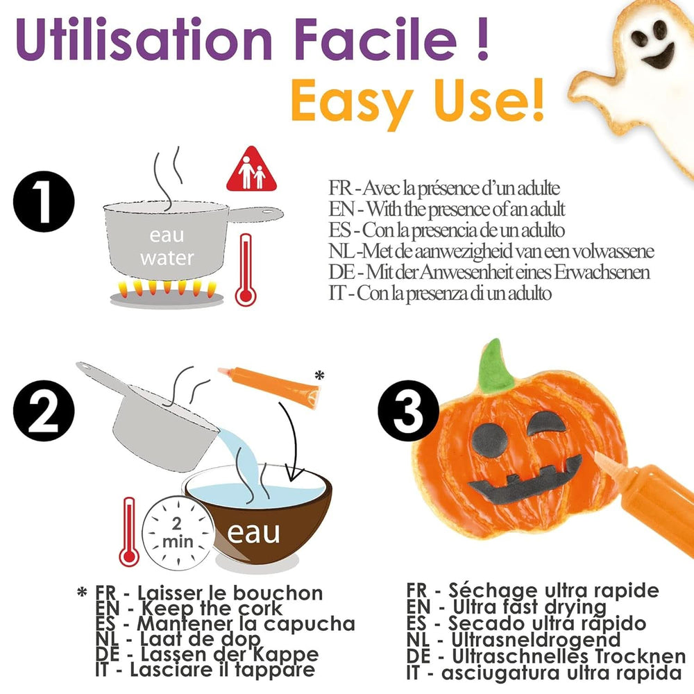 Scrapcooking – Set mit 4 Halloween-Schokoladenstiften – Schwarz, Orange, Lila und Weiß, zum Schreiben und Zeichnen auf Desserts, Kuchen und Keksen, Naty Shop