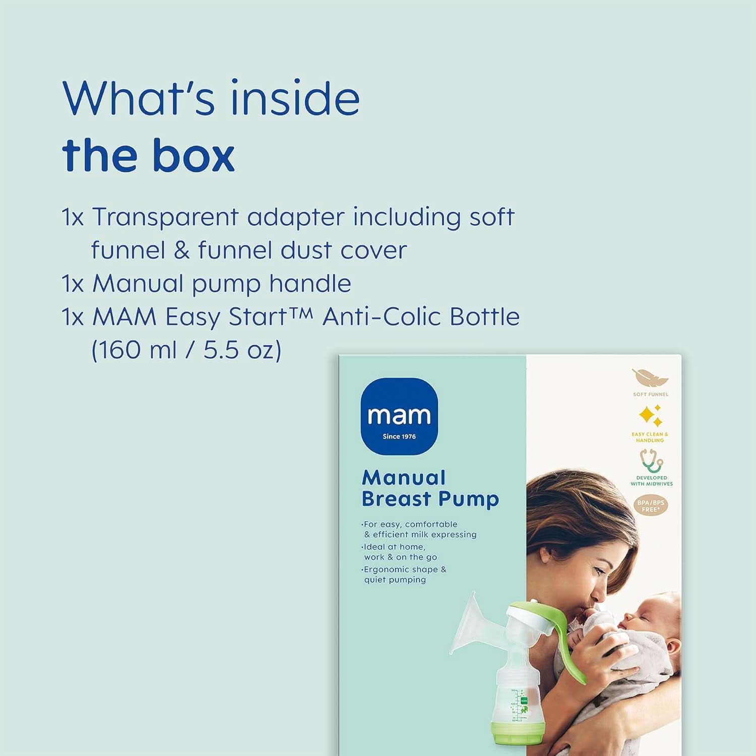 MAM Handmilchpumpe – komfortable und kompakte Milchpumpe für Muttermilch inklusive 1 Anti-Kolik-Flasche MAM Easy Start Zubehör Essen und Stillen Bebe Naty Shop