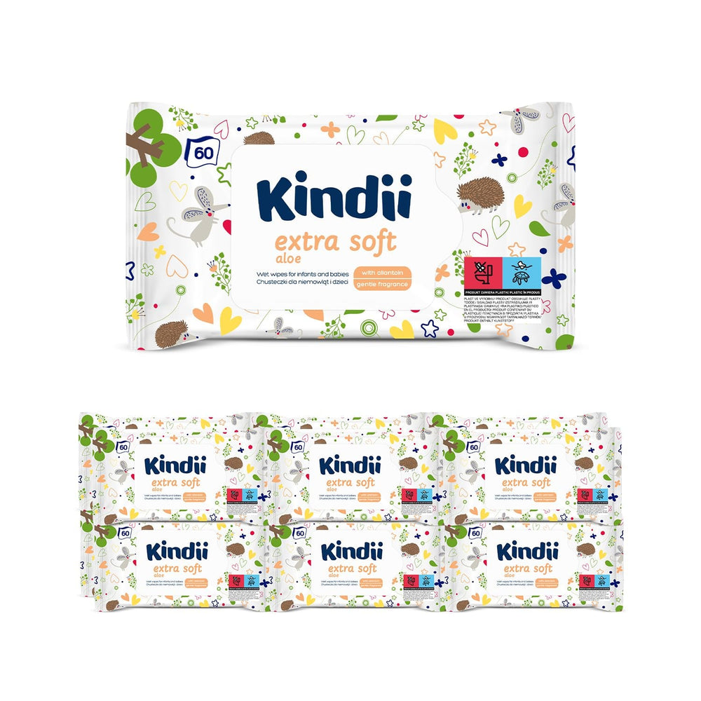 Șervețele umede Kindii Natural Balance pentru bebeluși – (1 x 60 buc.) Șervețele umede pentru bebeluși și copii – Protectoare, Aloe Vera, Parfum delicat – 60 buc.