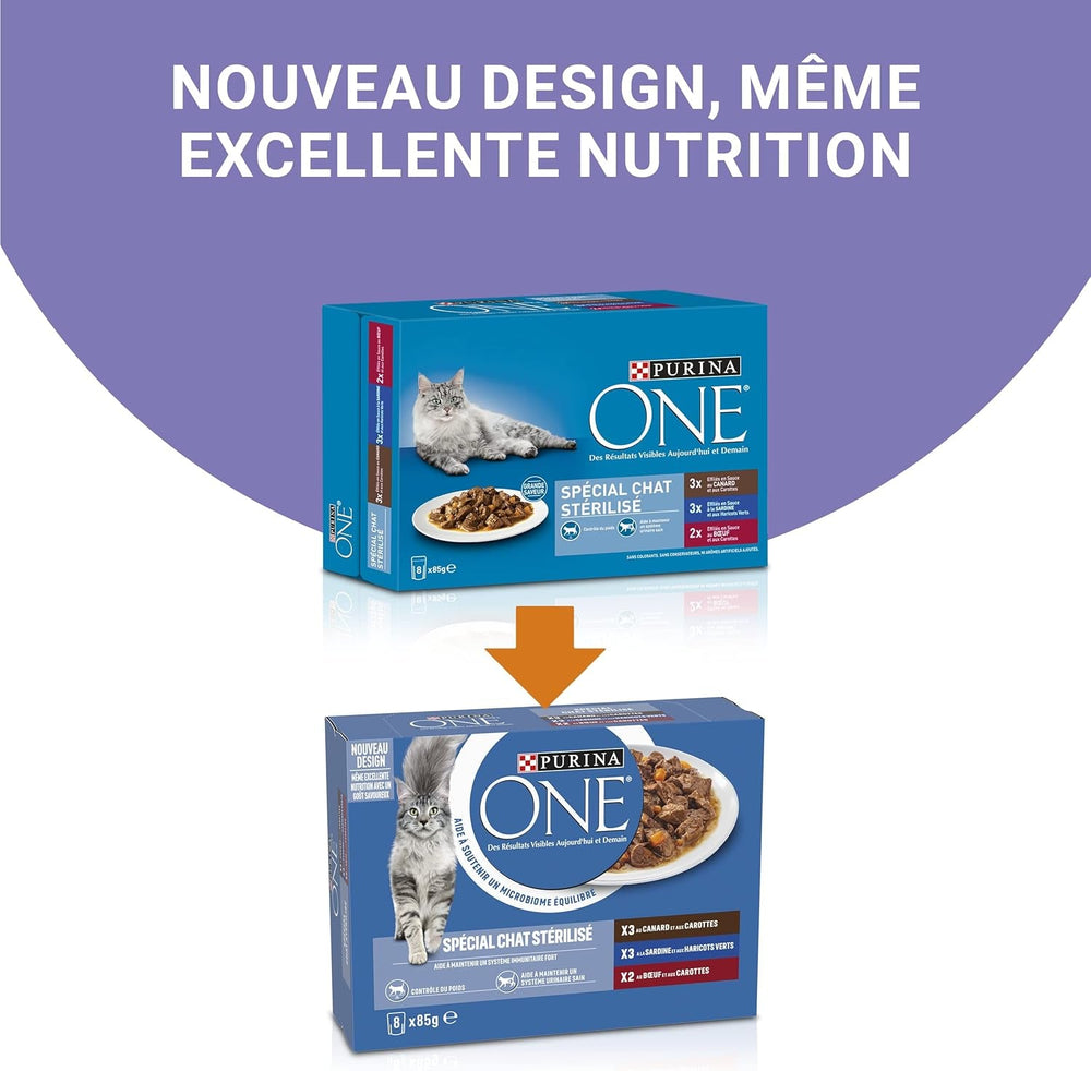 PURINA ONE | BIFENSIS | Hrană pentru pisici adulte sterilizate | Susține vitalitatea pisicii, oaselor, mușchilor și articulațiilor | În sos | Pliculețe cu rață, sardine, vită, prospețime | 1 bucată (8 x 85g)