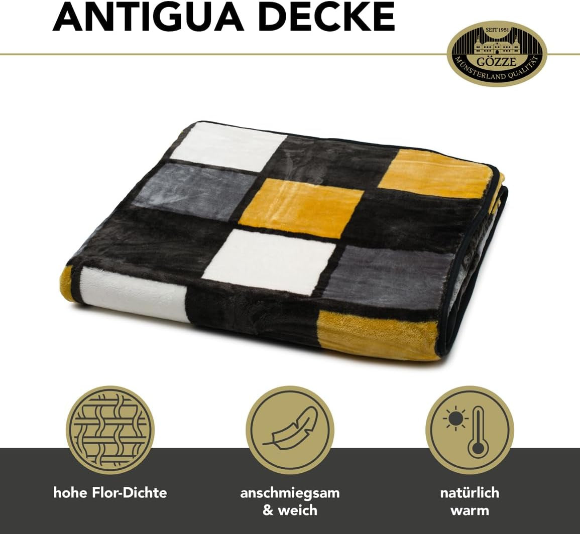 Gözze - Weiche und bequeme Decke, Kaschmirgefühl, schweres Stoffgewicht 500 g/m², Antigua, 150 x 200 cm - Senf/Schwarz/Weiß Betten und Decken Besuchen Sie den Gözze-Store