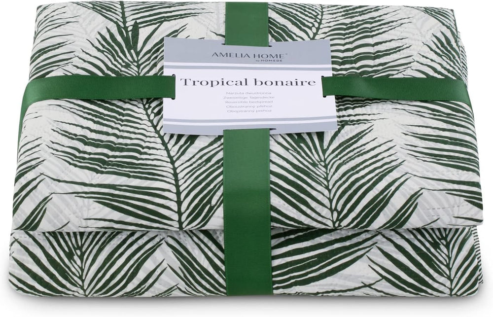 Ameliahome Cuvertură de pat Cuvertură de pat 170X210 Cm Două fețe Ușor de îngrijit Cuvertură de pat Model de plante Verde Alb Tropical Bonaire Paturi si Cuverturi Besuche den AmeliaHome-Store