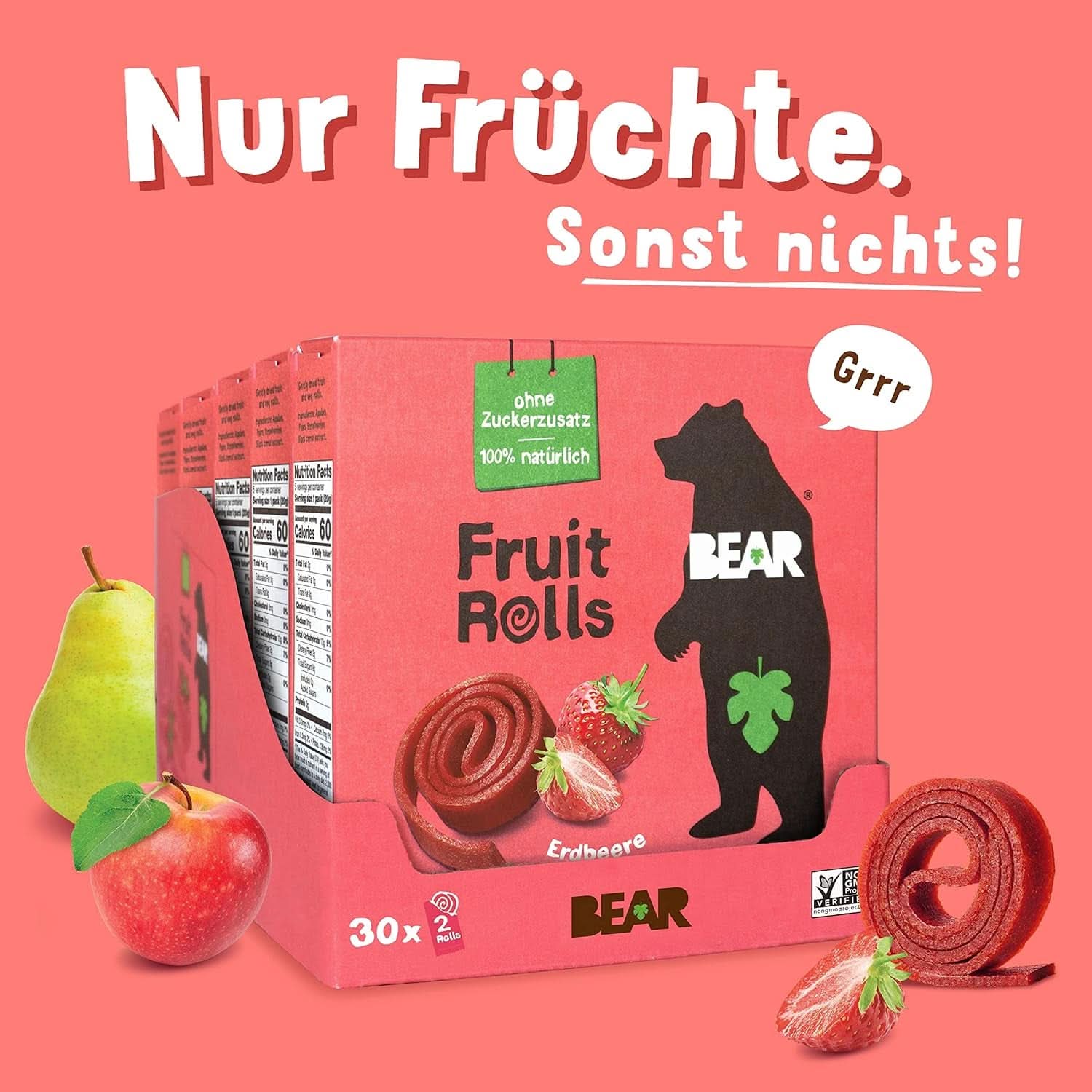 BEAR Fruchtbrötchen mit Erdbeeren, 100 % natürliche Zutaten, 30 x 20 Gramm Dehydrierte Produkte Naty Shop