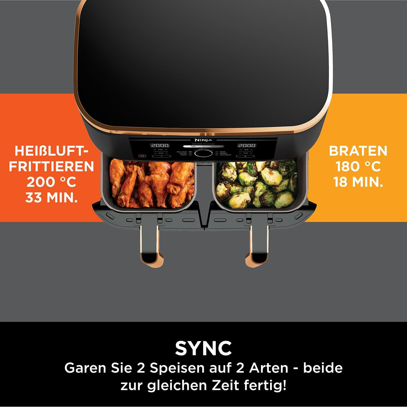 Ninja Foodi AF400EUCP MAX Zweizonen-Luftfritteuse, 9,5 l Airfryer, 2 Fächer, mit Zange, Antihaftbeschichtung, Haushaltsgeräte Naty Shop