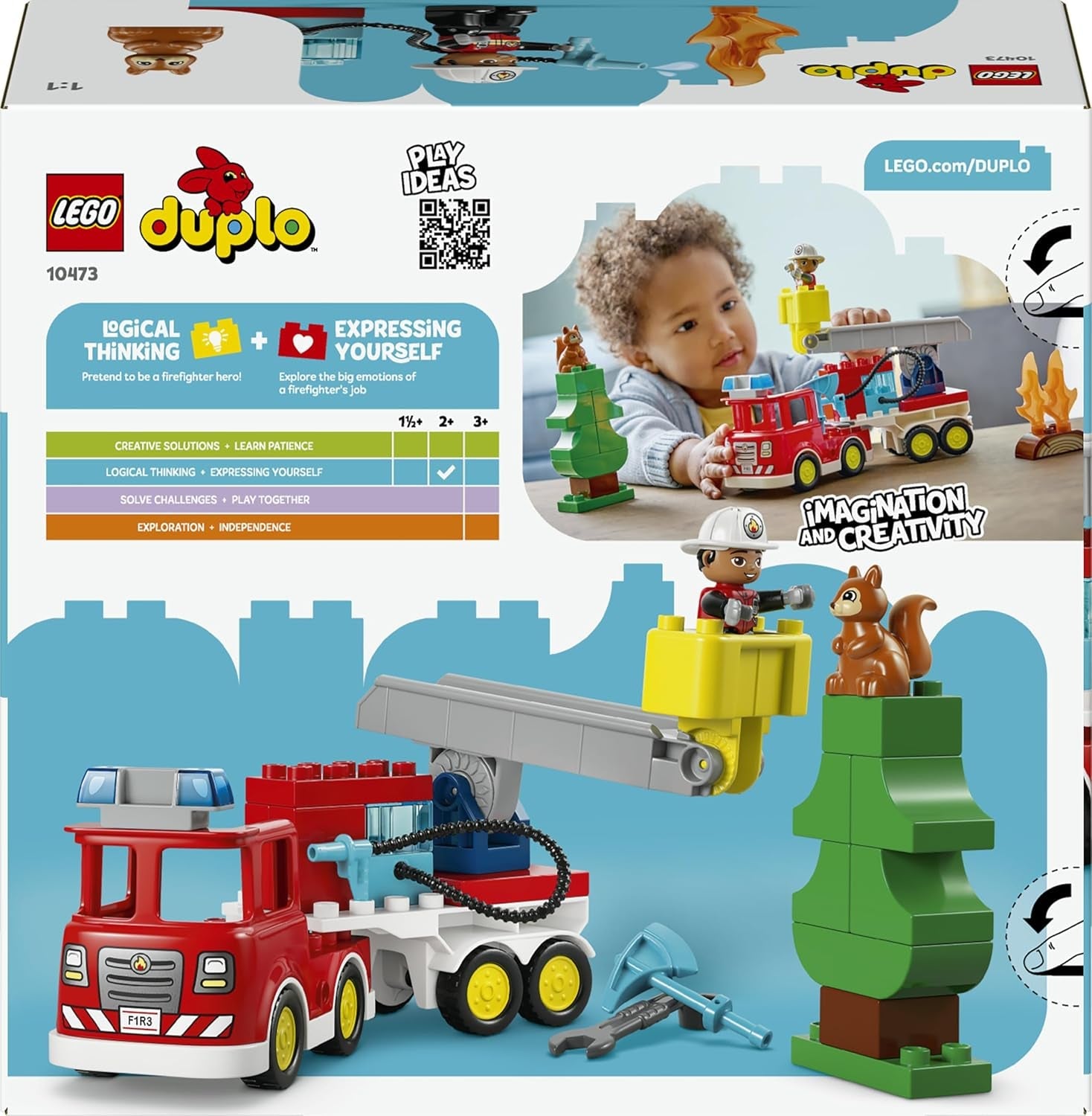 LEGO DUPLO Town Löschauto mit Schlauch und Feuerwehrmann- Lernspielzeug für Motorik - Rotes Feuerwehrauto mit Leiter, Figur und Eichhörnchen - Geschenk für Jungen und Mädchen ab 2 Jahren - 10473